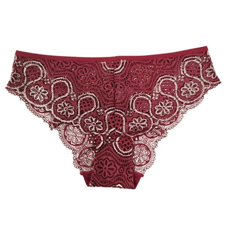 

Women s Sexy Lace Trim Panties See Through Hollow Pattern Mesh Flirt Underwear Wine Red 2XL