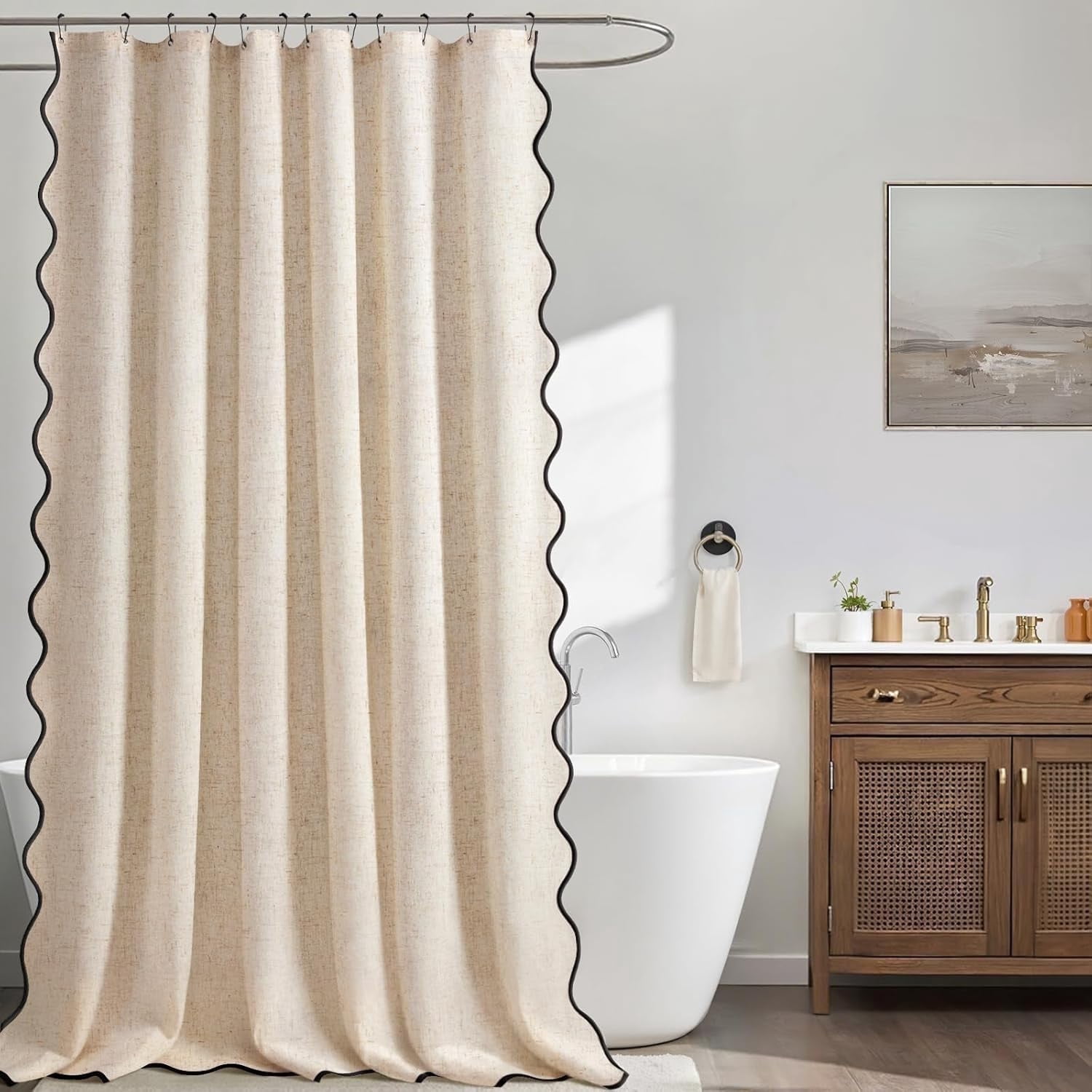 Beige Scalloped Shower Curtain Linen Textured Cute Heavy Duty Washable Waterproof Neutral Thick Cloth Shower Curtains with Black Border for Bathroom Bathtub,W72*L72 Cream