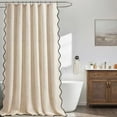 thumbnail image 2 of Beige Scalloped Shower Curtain Linen Textured Cute Heavy Duty Washable Waterproof Neutral Thick Cloth Shower Curtains with Black Border for Bathroom Bathtub,W72*L72 Cream, 2 of 6