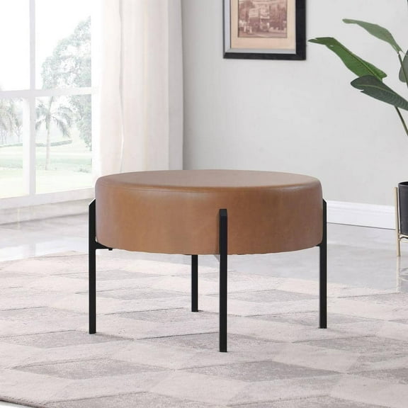 Carmel Faux Leather Round Decorative Ottoman with Metal Legs