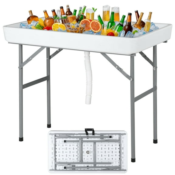 REKHH Party Ice Cooler Folding Table with 5L Bucket, Portable Outdoor Cooler Table with Removable Matching Skirt, Large Sink and Drain for BBQ, Picnic, and Camping