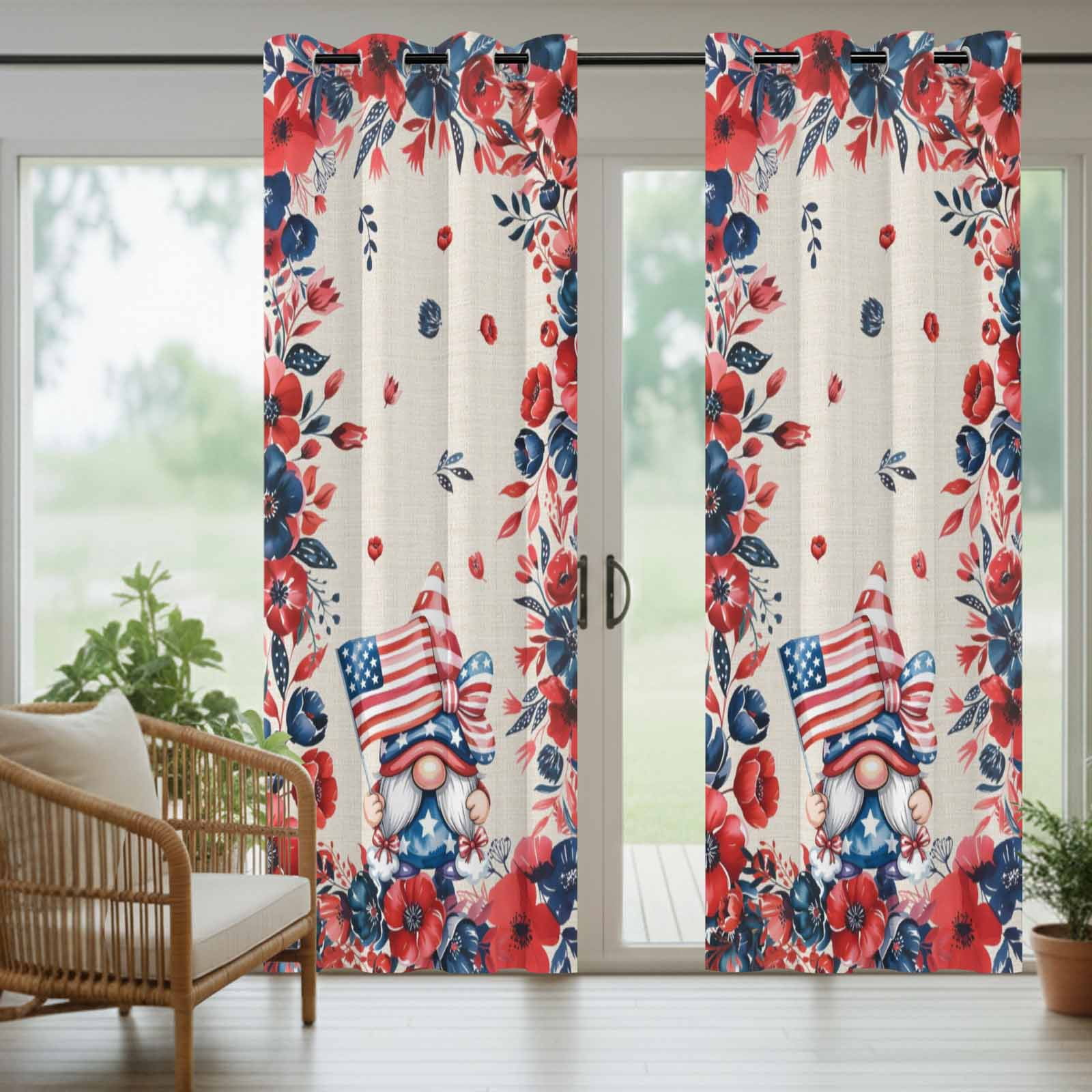 Independence Day Outdoor Curtains for Patio, Vintage Gnome Red Blue Navy Flower U.S. Flag Sunshade Privacy Drapes Grommet Waterproof Outside Curtains for Porch/Cabana/Balcony 54"x 108", 1 Panel