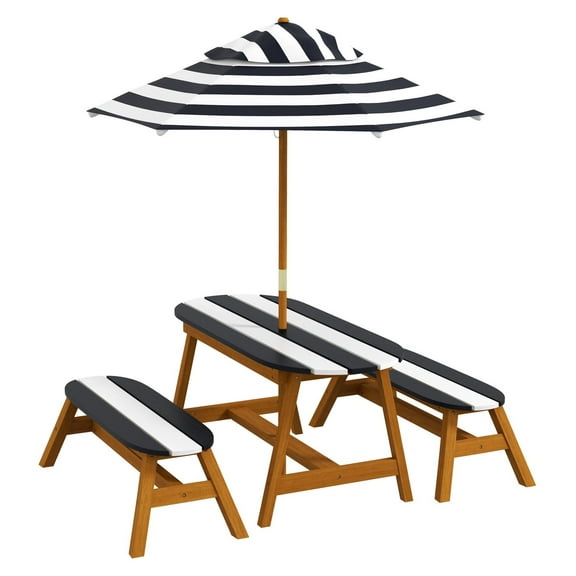 Kids Outdoor Wooden Table & Chair Set with Umbrella, Ages 3-8 - Seating for 4, Poplar Wood Picnic Table for Patio, Balcony, Deck