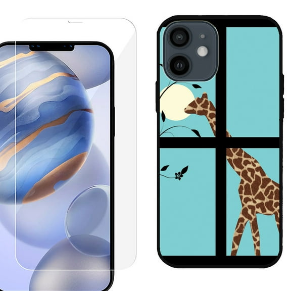 Slim-Fit Protective Phone Case (Black) compatible with iPhone 12 / iPhone 12 Pro, with Tempered Glass Screen Protector, by OneToughShield ® - Moon Giraffe