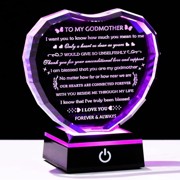 Arikyrist Godmother Gifts from Godchild with Colorful Light Base, Birthday Gifts for Godmother Crystal Heart Keepsake, To My Godmother Gifts from Goddaughter Godson on Mothers Day Christmas