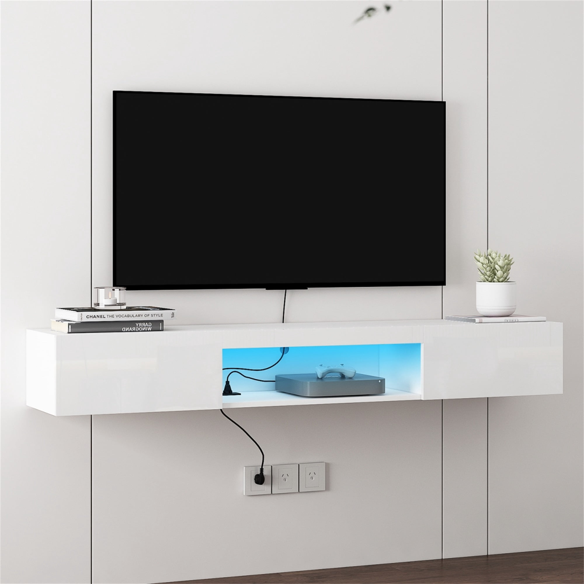 Resenkos Floating TV Stand Wall Mounted with LED Lights and Charging Station, Modern High Gloss Entertainment Center for 70Inch TVs, White