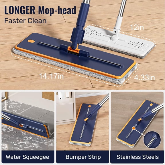 Mop and Bucket Set with Wringer, 3-Tank Flat Mop System for Floor Cleaning
