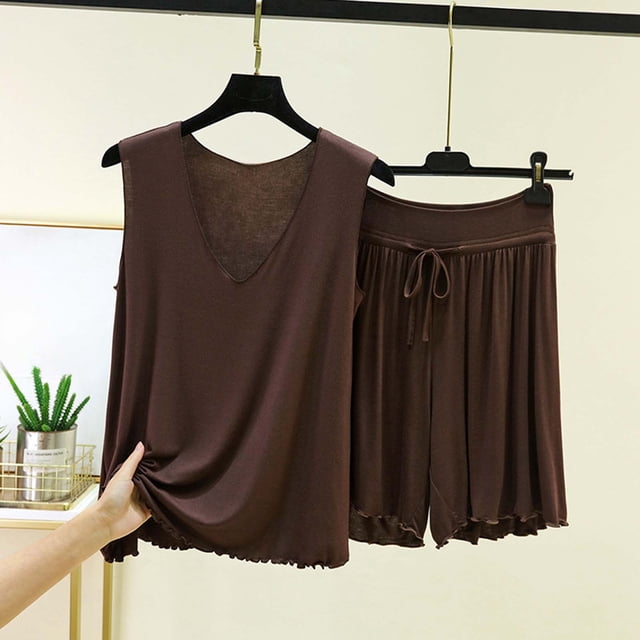 RKSTN Pyjama pour Femmes Ensemble Coton à Volants Grande Taille Col en V Sans Manches Camisole de Pyjama avec Shorts 2 Pcs Pyjama Léger pour Femmes