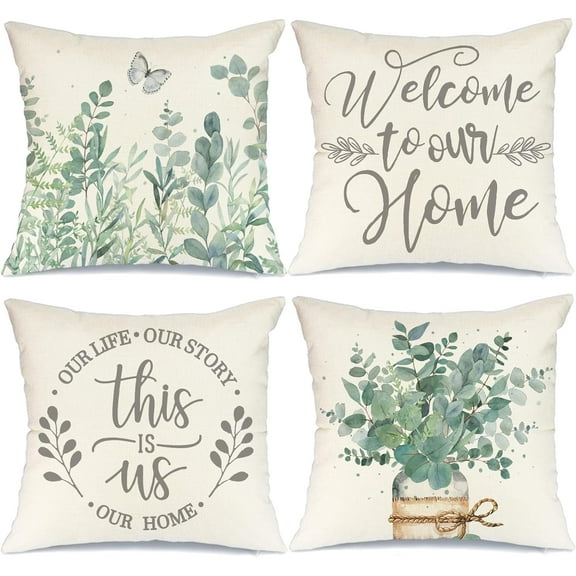 Pillow Covers 18x18 Set of 4 Eucalyptus Leaves Mason Jar Butterfly This is Us Spring Pillows Decorative Throw Pillows Light Blue Pillowcase Summer Decorations Farmhouse Decor for Couch Sofa