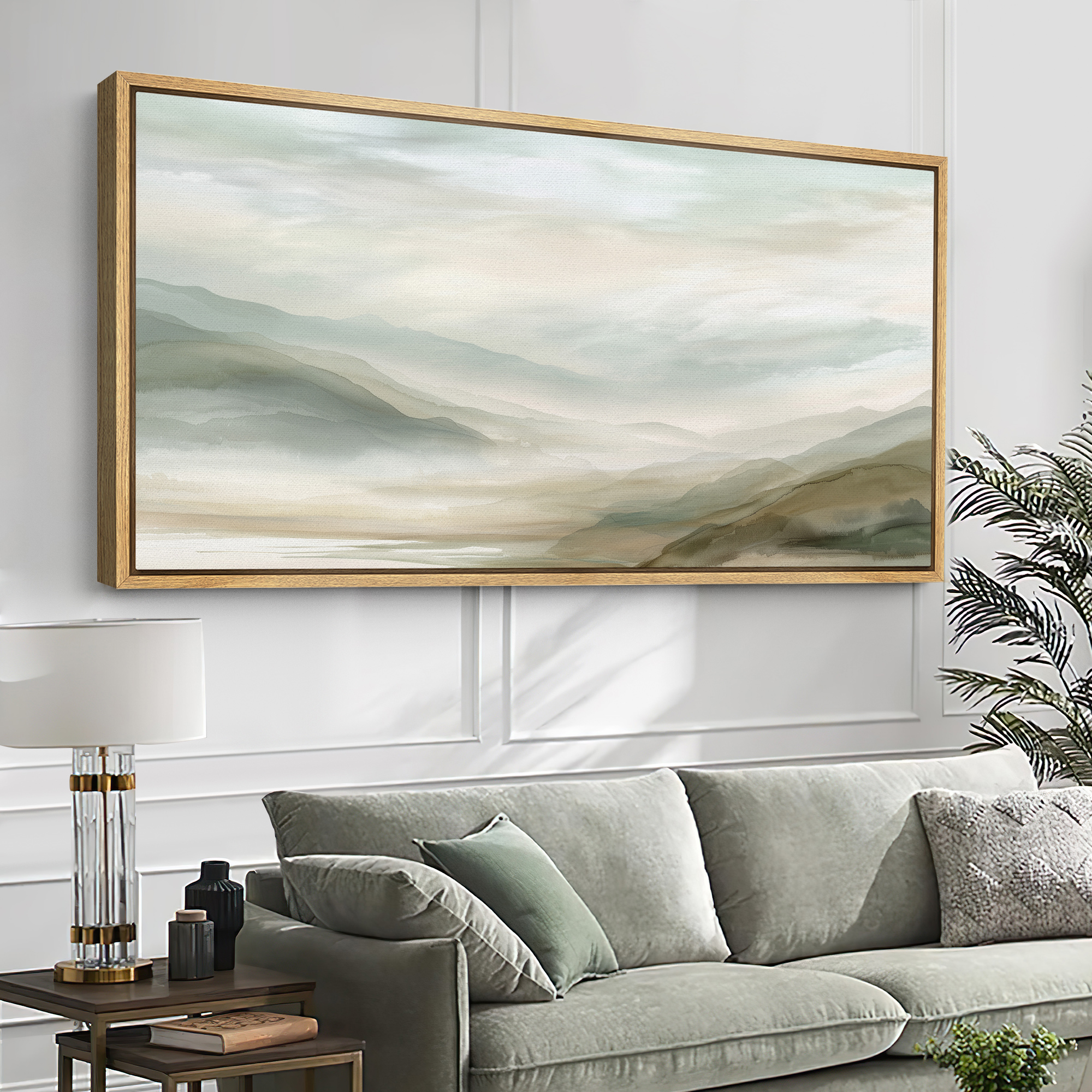 Large Framed Canvas Wall Art Minimalist Abstract Landscape Print for Living Room Decoration - 60"x30" Natural Frame