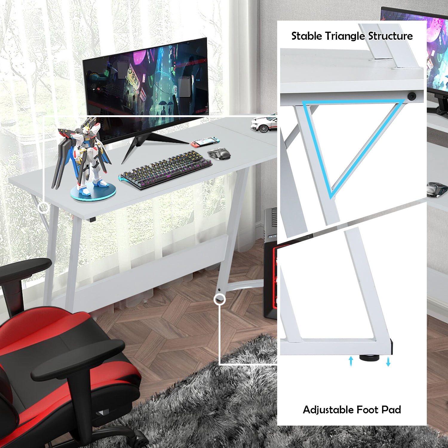 CL.HPAHKL L Shaped Gaming Desk, Corner Computer Desk with Large Desktop PC Gaming Desk Table with Large Monitor Riser Stand 50 Inch Computer Table Desk for Home Office Gaming Writing Study, White