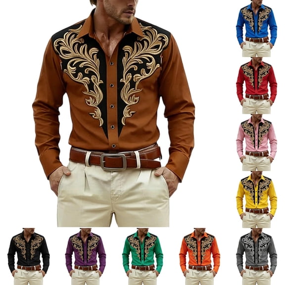 Yaoyar Mens Western Cowboy Shirt Pearl Snap Rodeo Casual Work Long Sleeve Embroidered Country Shirt Slim Fit Button Down Clothes
