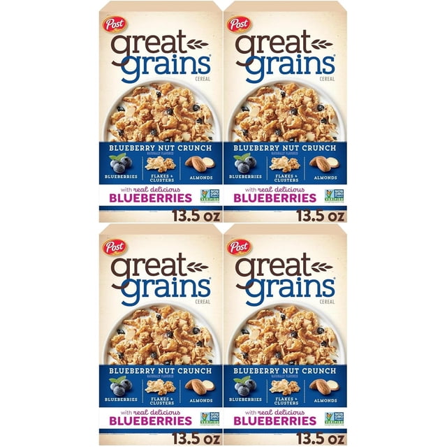 Post Great Grains Blueberry Morning Breakfast Cereal, Non GMO Project Verified, Heart Healthy, Low Fat, Whole Grain Cereal 13.5 Ounce (Pack of 4)