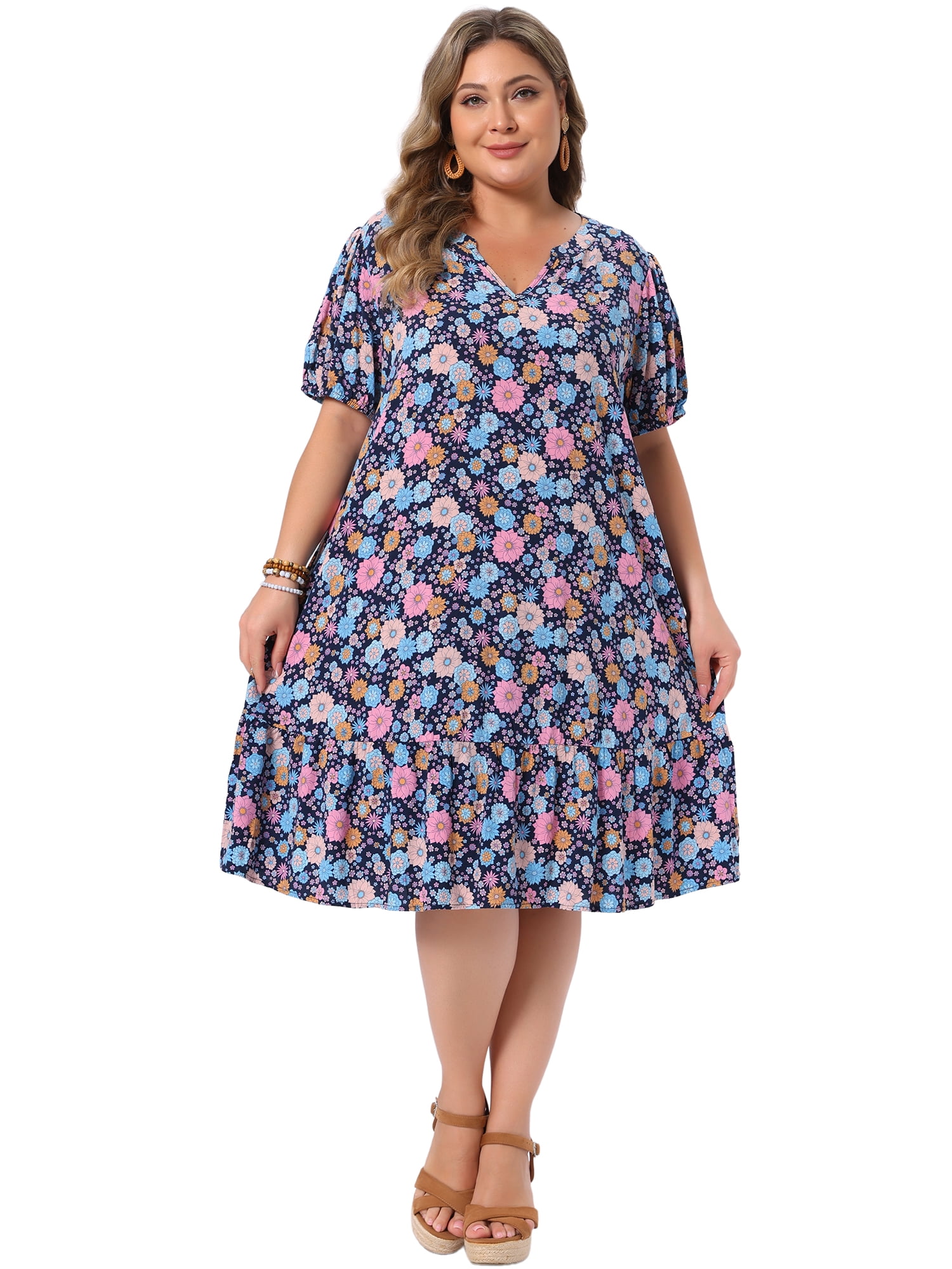 DARING DIVA Women's Plus Summer V Neck Short Sleeve Midi Dress 2X Dark Blue