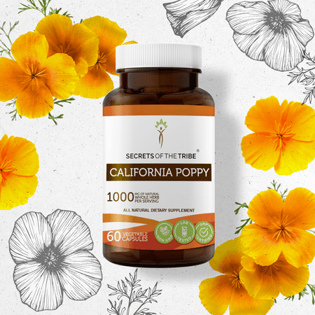Secrets of the Tribe California Poppy 60 Capsules, Organic California Poppy Eschscholzia May Relieve Muscle Cramps and Headaches 400 mg