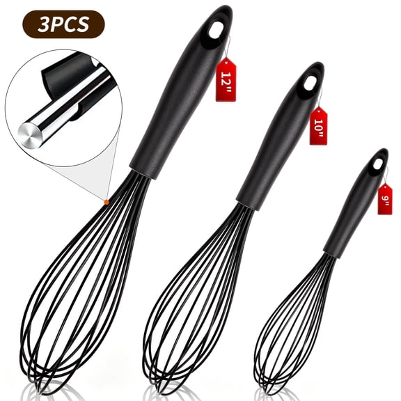 Silicone Wire Whisk, MOJINO Egg Beater Set of 3, Non Scratch Stainless Steel Kitchen Whisks for Cooking, Blending, Beating, Frothing, Stirring