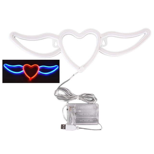 Luces de neón para decoración de pared, luz de neón en forma de corazón, alas en forma de corazón, letrero de neón, día de San Valentín, neón elaborado con cuidado