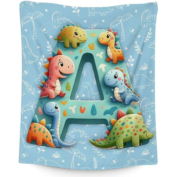 Personalized Initial Blanket, Dinosaur Blanket for Boys, 60 x 50 Inches Lightweight Throw Blanket for Women, for Dinosaur Lovers, Warm Cozy Throw Blanket for Living Room, Bed, Sofa, Office