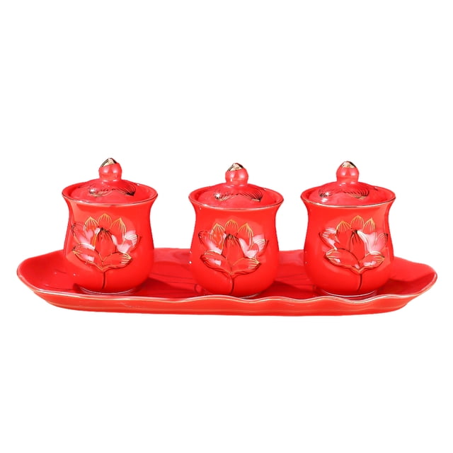 Matsuzay Juego de 3 tazas de loto con tapa y base. Disfrute de una experiencia relajante al beber té o agua. Taza de cerámica con diseño de Teteras rojo