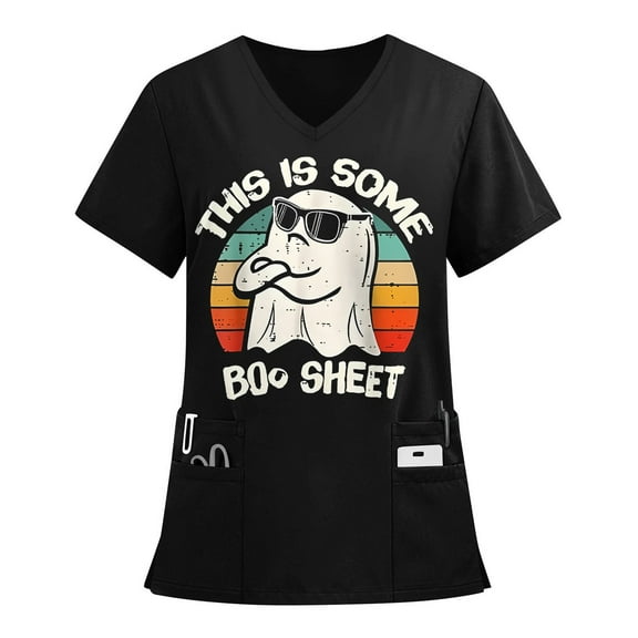 Drmagiyhm Halloween Scrub Tops Women Plus Size Halloween Shirts Short Sleeve Funny Spooky Season Working Uniform Fun V-Neck Scrub Shirts Pumpkins Printed Nurse Uniforms Black L