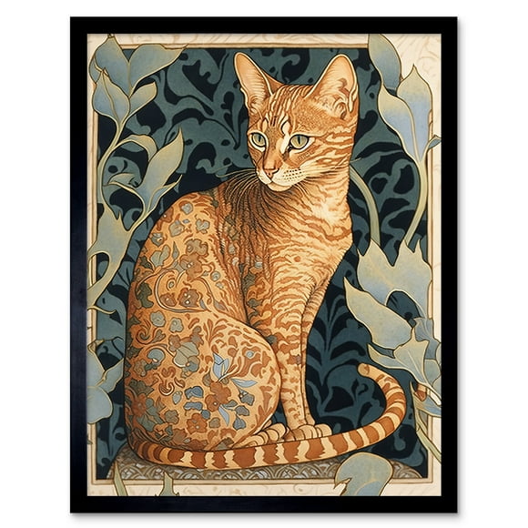 Ocicat Cat with Flower Pattern Fur Coat Art Nouveau Watercolour Illustration Art Print Framed Poster Wall Decor 12x16 inch