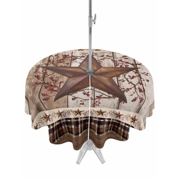 Outdoor Tablecloth with Umbrella Hole for Patio/Picnic/Party/Camping, Texas Star Vintage Waterproof Table Cloth Round Cover Washable, Brown Retro Art Red Berry Wooden (Dia 54")