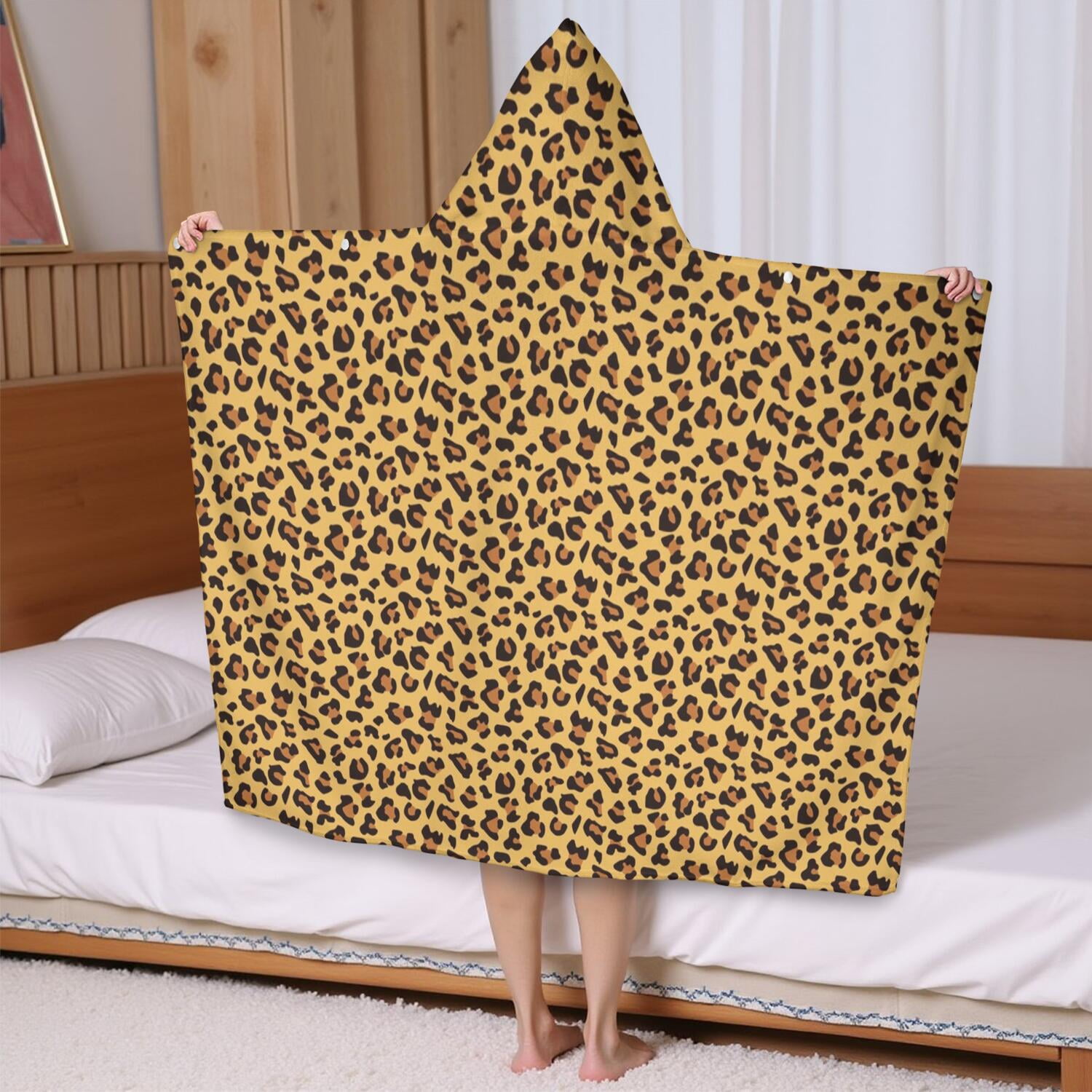 Yellow and Brown Of Cheetah Print Hooded Bath Towel，50"x30" for Ages 3 To 12 Kids, Quick Dry Lightweight Soft Microfiber Hood Beach Towel Cover Up for Kids