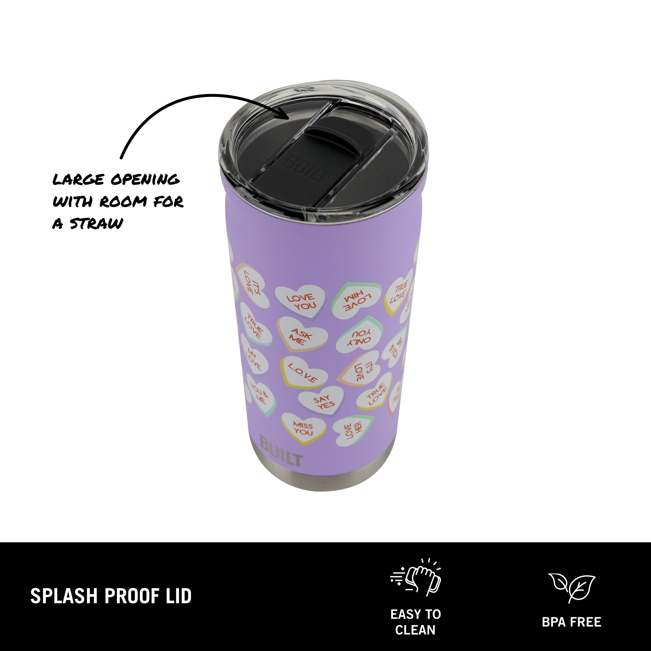 BUILT Torrent Valentine's Day 20 oz Insulated Stainless Steel Tumbler Lavender Conversation Hearts