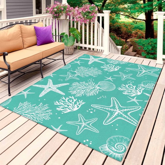 Teal Coastal Outdoor Rug 6x9 Ft, Non Slip Washable Area Rug, Nautical Beach Starfish Coral Summer Patio Rugs Carpet Runner, Large Floor Mat for Indoor/Outdoor Deck Porch Camping