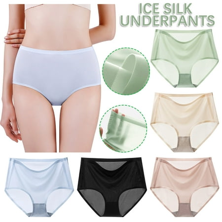 

qolati Leakproof Underwear for Women Summer Soft Ice Silk Bikini Panties High Waist Stretch Breathable Briefs