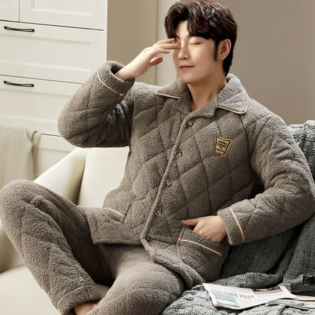 

Winter Warm Thick Men Pajama Casual Pajama Sets Breathable Air Cotton Interlayer Pijama Embroidery Elastic Waist Male Pajamas