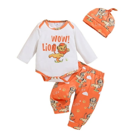 

QBGSAY Little Child Outfits Sets Infant Boys Girls Long Sleeve Cartoon Prints Romper Bodysuit Pants Hat Outfits Kids Sweatsuit Set