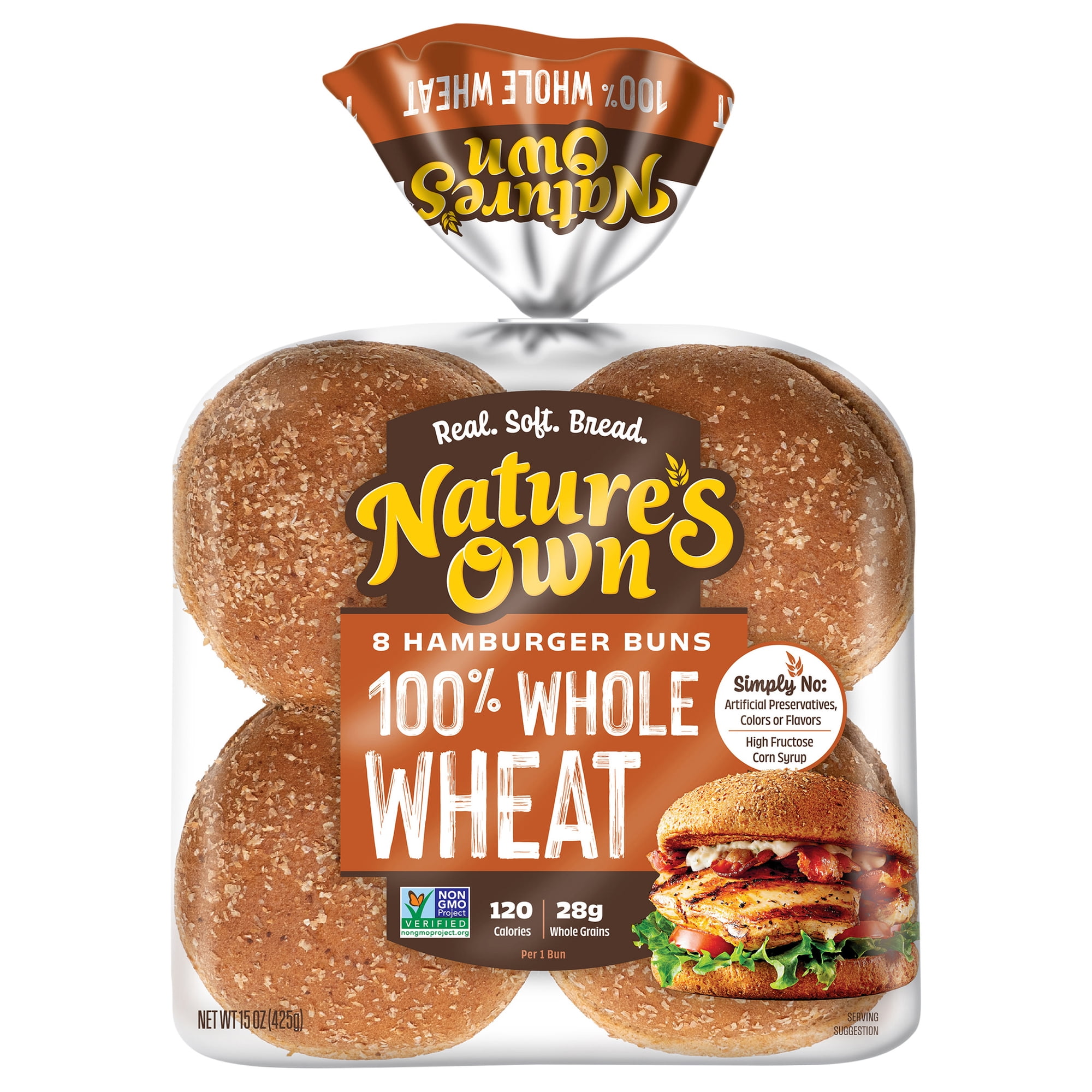 Nature's Own 100% Whole Wheat Hamburger Buns, Non-GMO Hamburger Buns, 28g Whole Grains per Bun, 8 Ct