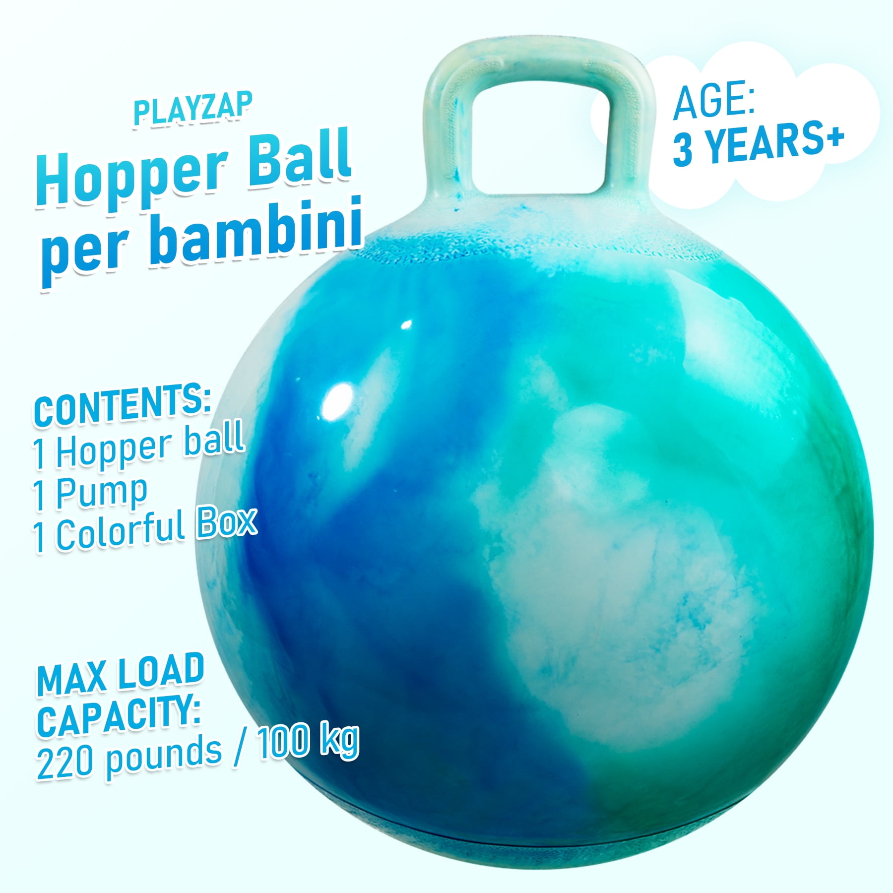 PLAYZAP Hopper Ball, Bouncy Ball with Handle for Kids, 18-inch Hippity Hoppity Hop Bounce Ball Toys, Sit and Bouncing Ball with Pump, Boys Girls Jumping Hopping Ball Gifts -Blue Cloud
