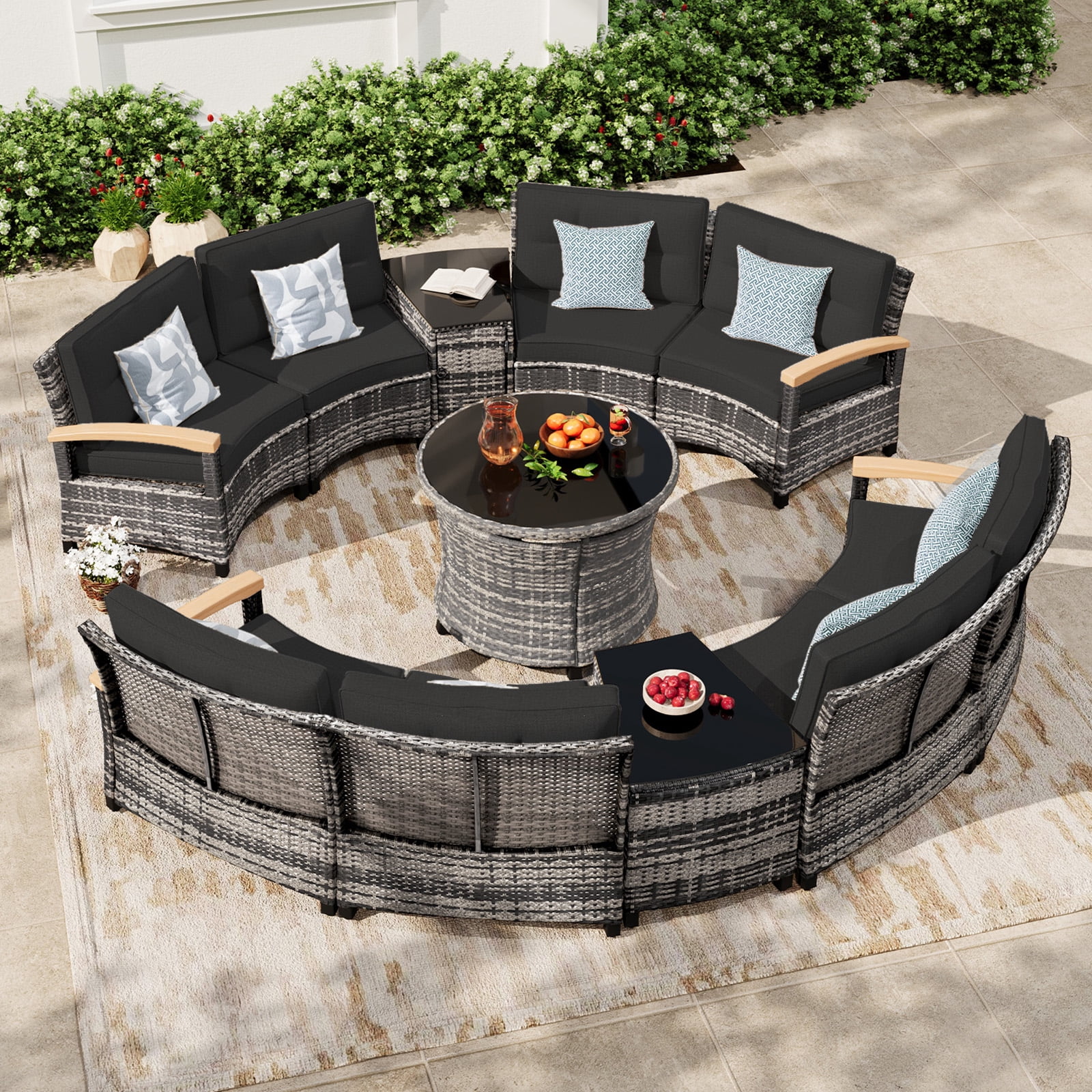 MEISSALIVVE 11-Piece Half-Moon Curved Outdoor Patio Furniture Set, Sectional Conversation Sofa with Wood Armrests, Round Coffee Table for Backyard Deck Garden, Red