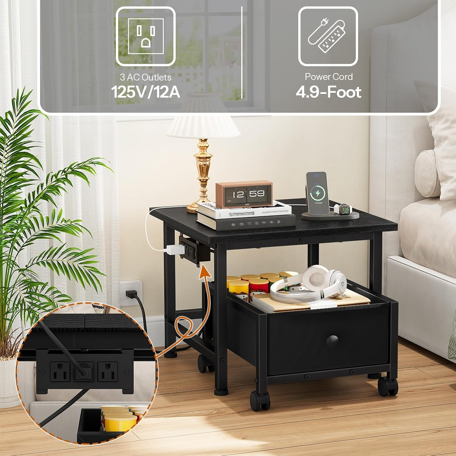 Mini Fridge Stand with Non-Woven Storage Basket and Power Outlet, Mobile Fridge Shelf for Home Apartment Dorm Black