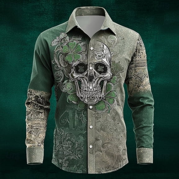 Men's St Patricks Day Button Printed Down Long Sleeve St Patrick's Shirt Button Festival 4 Leaf Soft Classic Irish Print Four Leaf St Patrick's Men's Printed Button Down Shirt (Green,2XL)