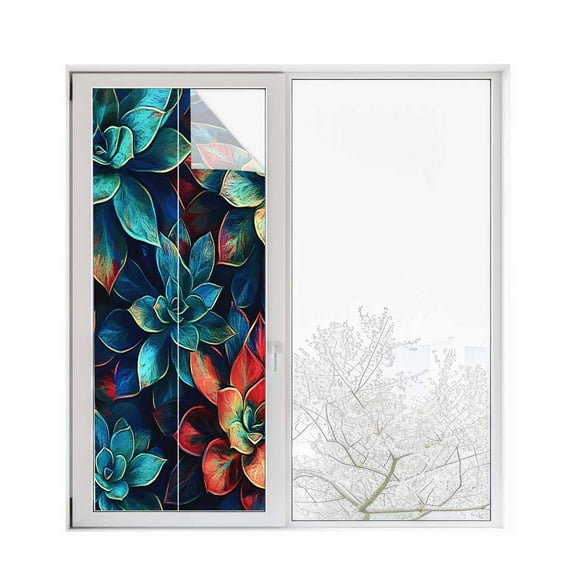 Window Privacy Film Teal Red Succulent Stained Glass Window Film Decorative Sun Block Window Cover Abstract Vintage Botanical Window Clings Static Adhesive Sticker for Bathroom 23.6"x59"