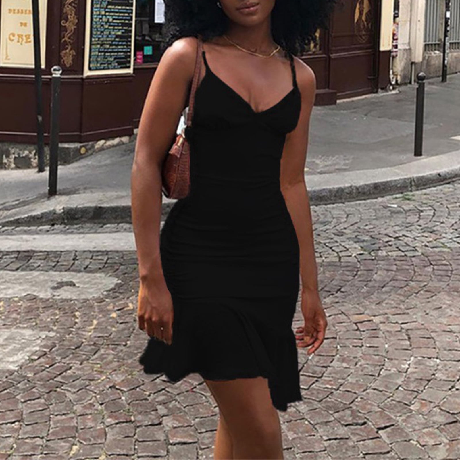 Women Spaghetti Strap Mini Dress V-neck 