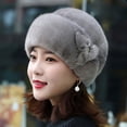 thumbnail image 4 of Clinaoy - Gorro de invierno para mujer, elástico, de felpa, imitación de visón, terciopelo, resistente al viento, color liso, con boina floral, suministros para mujer, 4 of 8