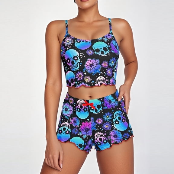 FASHOFT Halloween Pajamas Women Funny Skeleton Graphic Sleeveless Racerback Tank Top and Shorts 2 Piece Pjs Set Casual Lounge Set Dark Blue L