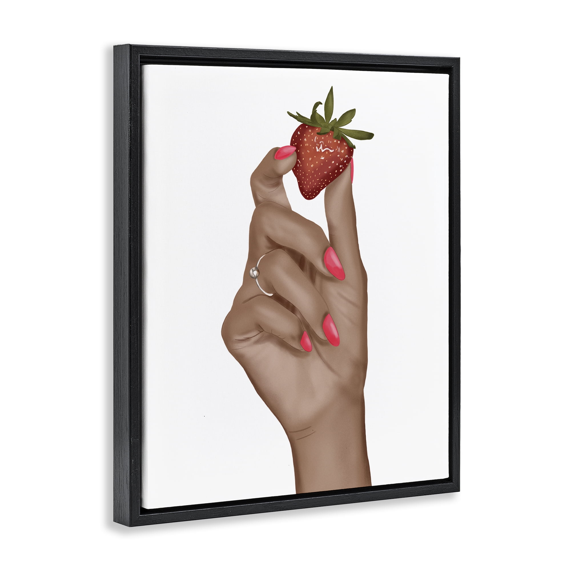 Stupell Industries Holding Juicy Strawberry People Painting Black Floater Framed Canvas Art Print Wall Art, 25 x 31