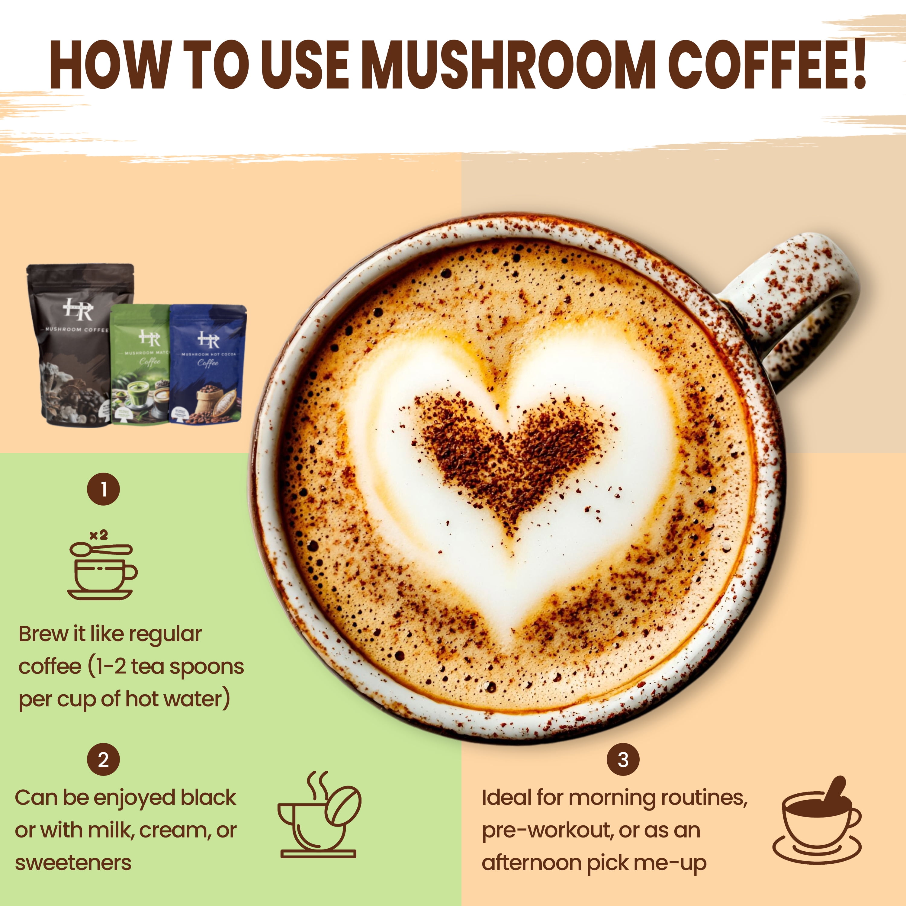 Luxuriaz 3-in-1 Organic Functional Mushroom Instant Coffee Kit with Matcha and Cocoa Blend, 240g