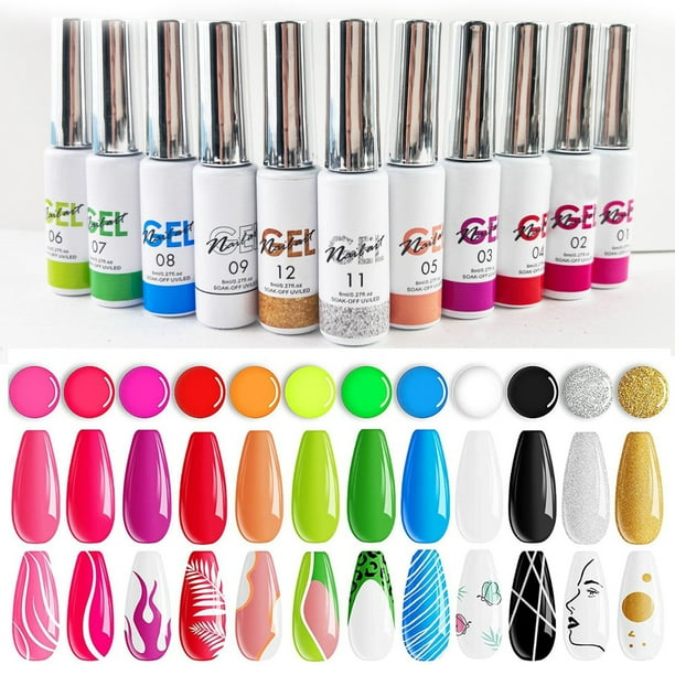 Kit de 12 esmaltes en gel, coloridos y modernos, con 3 frascos de base, capa superior mate y brillante de 8 ml.