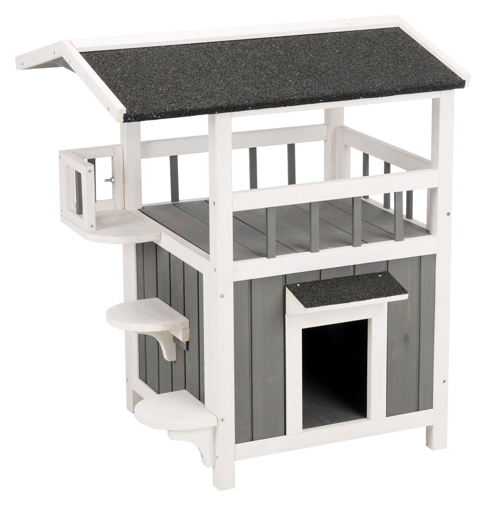 TRIXIE natura 2-Story Raised Floor Small Indoor-Outdoor Cat House with Shaded Balcony, Gray