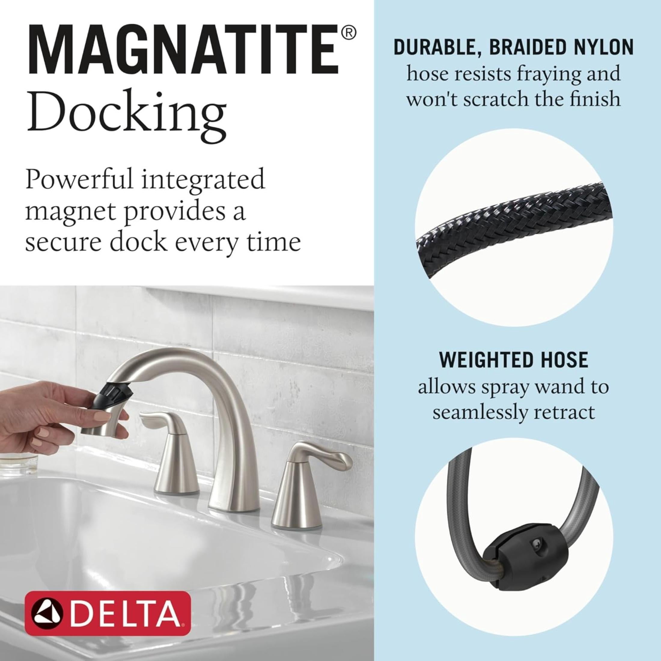 Delta Arvo Brushed Nickel Bathroom Faucet with Sprayer, 8 Inch 3 Hole Widespread Bathroom Sink Faucet with Pull Out Sprayer, Push-Pop Drain, SpotShield Stainless