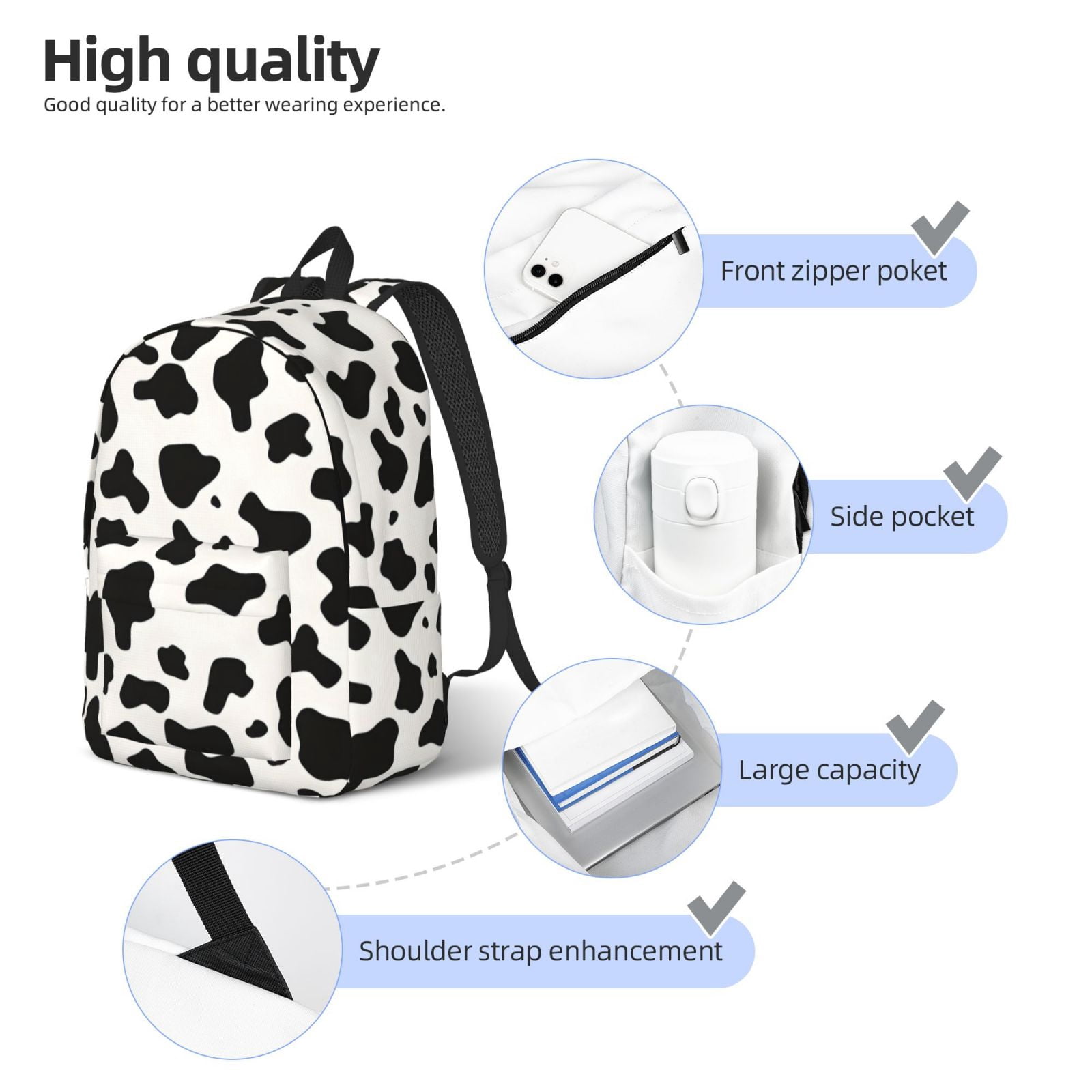 Casual Canvas Backpack Without Interlayer Large Capacity Stick Bag Design For Outdoor Shopping Office Outdoor Sports Simple Cow Print Pattern, Vector Art Style_1 Small