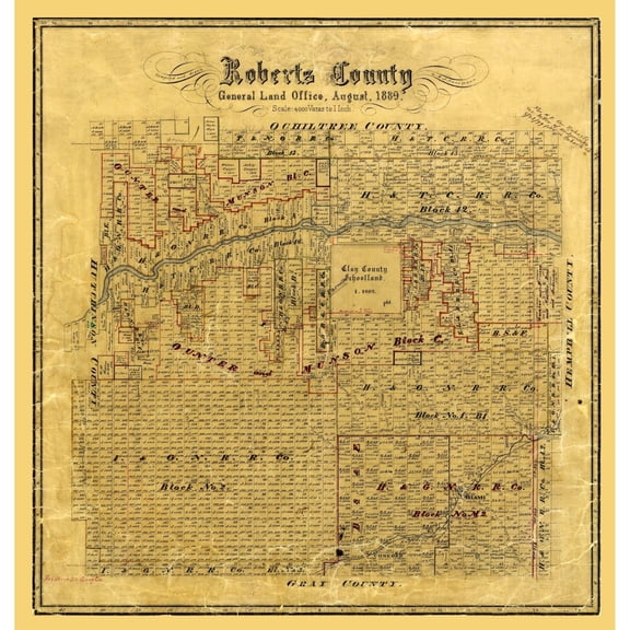 Historic County Map - Roberts County Texas - Hausmann 1889 - Vintage Wall Art