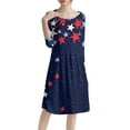 thumbnail image 4 of Women's 4th of July Patriotic Dress, Women Round Neck Three-Quarter Sleeve Midi Dress, Independence Day American Flag Printed Dress, Loose Fit Bohemian Beach Sundress with Side Pockets,Dark Blue S, 4 of 5