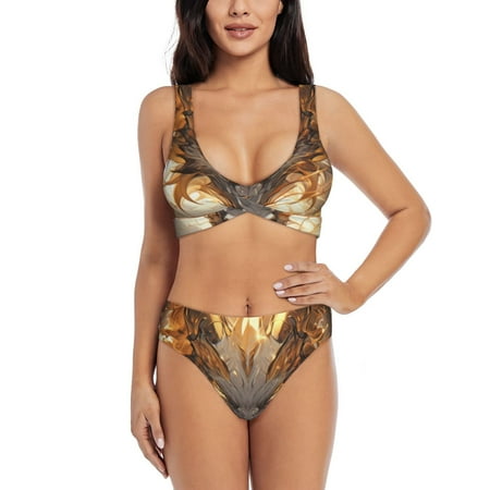 Zeuib Golden Horned White Dragon High Waisted Tummy Control Bikini Set - Knot Front Push Up Top & Cheeky Thong Bottom  Two-Piece Swimsuit for Women-Small